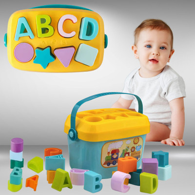 ARIZON Baby First Blocks-Shape Sorter Game & Alphabet Learning Toy with Storage Bucket(Multicolor)