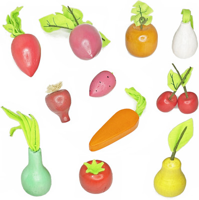 Kafron Wooden Vegetable and Fruits Toy Play Set of 11 Pieces for 2.5 years+(Multicolor)