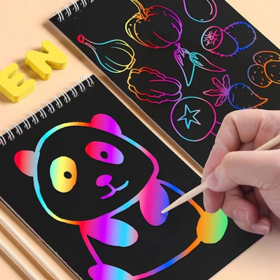 BGT Rainbow Scratch Art Notepad , Black Paper with Wooden Stylus, Drawing Sketchbook(Multicolor)