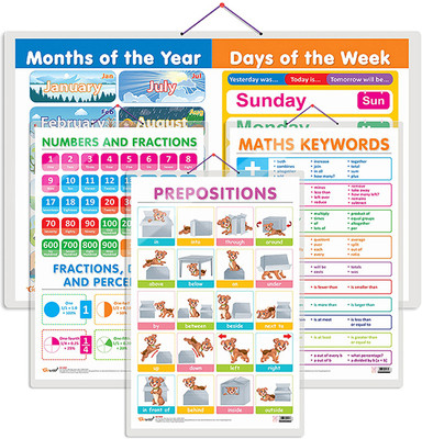 GO WOO Packof4NUMBERS AND FRACTIONS, MATHS KEYWORDS, MONTHSOFTHEYEAR&PREPOSITIONSCharts(Beige)