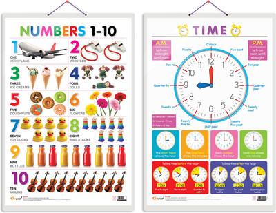 GO WOO Pack of 2 Numbers 1-10 and TIME Educational charts(Yellow)