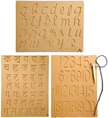 REWASHREE CRAFT WORLD Wooden Tracing Board Pencil Slates Number,Hindi Ka Kha & Small Cursive(Brown)