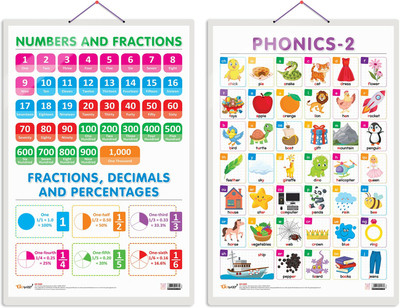 GO WOO Pack of 2 NUMBERS AND FRACTIONS and PHONICS - 2 Educational charts(Gold)