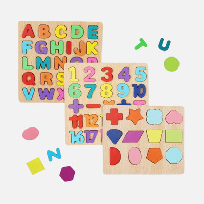 erenjoy Wooden ABC, Number, and Shape Puzzles for Toddlers - 3 in 1 Educational Toy Set(Multicolor)