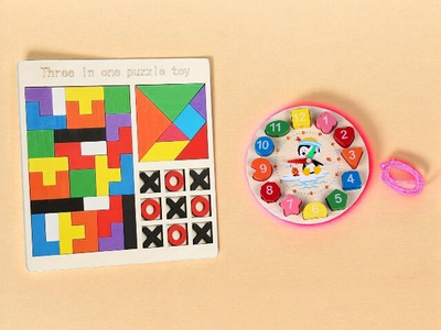 VHD Wooden 3 in 1 Puzzle Board & Number Shape Clock Toy Combo for Kids C11(Multicolor)