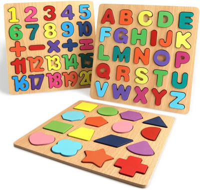 Authfort 3 in 1 Educational Blocks Alphabet Number Shape ABC Name Puzzles Toys for Kids(Multicolor)