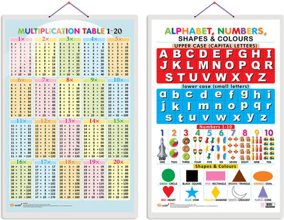 GO WOO Pack of 2 Multiplication Table 1-20 and Alphabet, Numbers, Shapes &Colour charts(Multicolor)