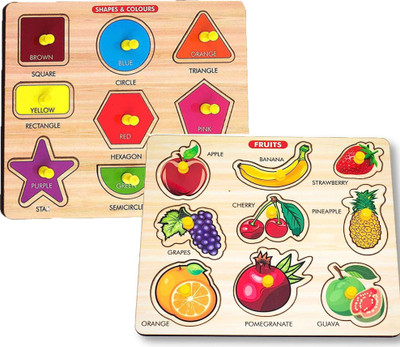 CASADOMANI Setof2 Wooden Identification Birds+Geometric Shape Peg Board Puzzle with Picture(Multicolor)