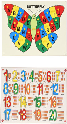 jaraglobal Wooden English Capital Alphabet Letters in Butterfly (ABCD to Z) & 1 to 20 Counting Numbers in Wooden Puzzle Board with Knob(Multicolor)
