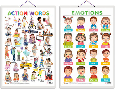 GO WOO Pack of 2 Action Words and EMOTIONS Educational charts(Orange)