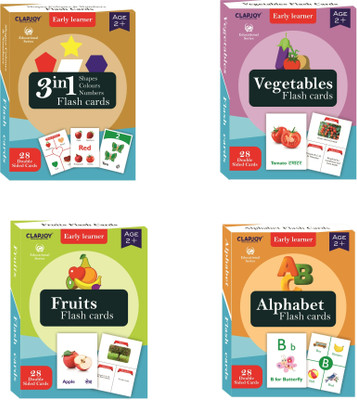 Clapjoy Alphabet ,Number and Shapes ,Fruits,Vegetables Flash Card Combo for Kids(Multicolor)