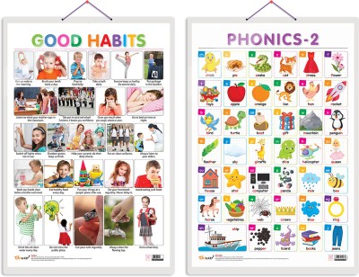 GO WOO Pack of 2 Good Habits and PHONICS - 2 Educational charts(Maroon)