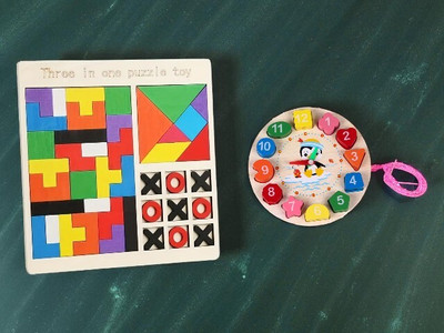 VHD Wooden 3 in 1 Puzzle Board & Number Shape Clock Toy Combo for Kids C50(Multicolor)