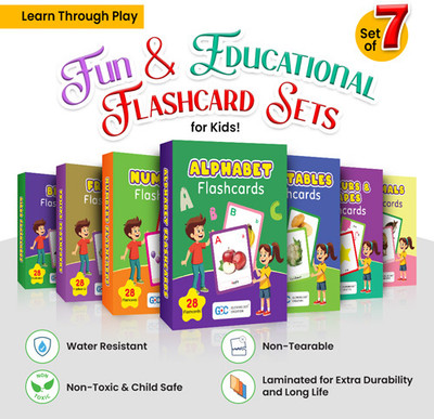 Gdc Set of 7 Educational Learning Kits –196 Cards | Alphabet, Numbers, Shapes & More(Multicolor)