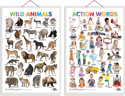 GO WOO Pack of 2 Wild Animals and Action Words Educational charts(Orange)
