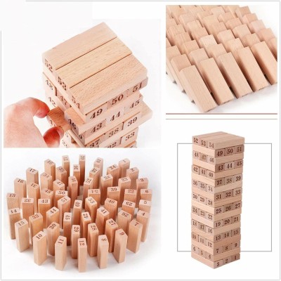 Quasar 51 Pcs Challenging Wooden Blocks Tumbling Stacking Game with 4 Dice for Adults and Kids. Make Maths Fun for Kids Or Have Party Fun Board Game Accessories Board Game(51 Pieces)