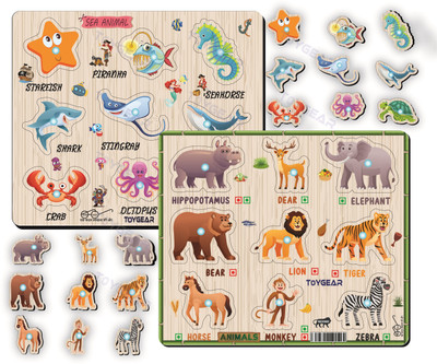 Toygear Wooden Jungle & Sea Animals Peg Puzzle Combo | Educational Learning Toy for Kids(Multicolor)