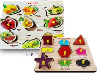 CASADOMANI Combo Fruit Name Matching Puzzle + Geometric Shape Manipulative Puzzles Blocks(Multicolor)