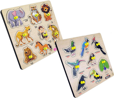 Plus Shine PackOf2 Learning Birds Name Puzzle on Wooden Board+Animals Matching Peg Puzzle(Multicolor)