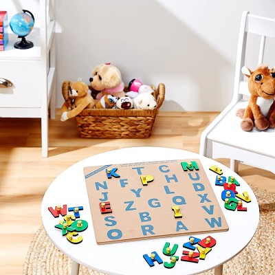 Cyrus Wooden Capital Alphabet Tray with Picture with Knobs (Multicolour),for-kid(Multicolor)