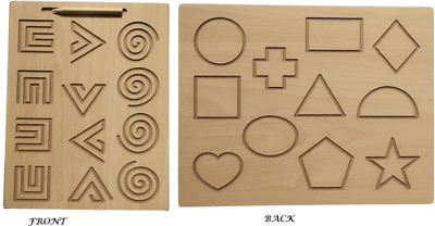 Ashmi Wooden Reversible 2 in 1 Shapes and zig zag Writing Pattern Tracing Slate Board(Brown)