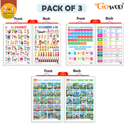 GO WOO Packof3|2IN1ALPHABET&NUMBER1-10,FRACTIONMATHKEYWORD&LEARNTOLOVEPLANT&SAVETHETREE(Blue)