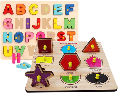 Plus Shine PackOf2 Sorting Blocks Geometric Shape Puzzle+ABCD Alphabets Matching Board(Beige)