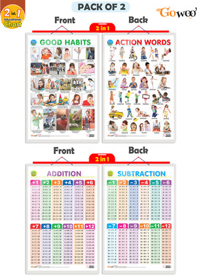GO WOO Pack of 2|2IN1 GOODHABITS&ACTION WORDS AND 2 IN 1 ADDITION AND SUBTRACTIONCharts(Purple)