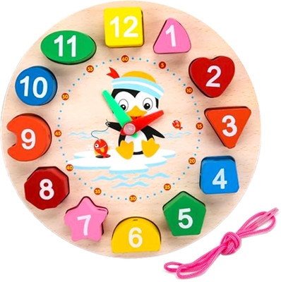 WISHKEY Wooden Learning Clock With Bead Lace, Educational Digital Analog Numbers, Shape & Color Learning For Kids Montessori Toy(Multicolor)