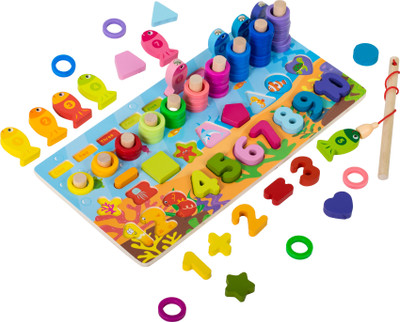 WISHKEY Wooden 6-in-1 Multifunctional Puzzle Board Number, Shape, Fishing Game, Stacking(Multicolor)