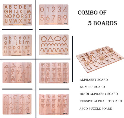 Virth Combo Of 5 Wooden Board Puzzle For Learn ABCD, Number, Hindi & Cursive Alphabet(Brown)