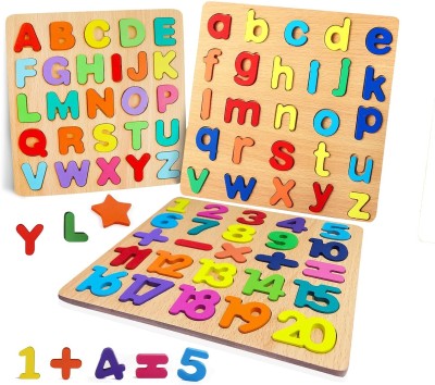 Authfort Wooden Capital Alphabets Letters ,Small Letters & 1 to 20 Numbers Learning Educational Puzzle Toy for Kids Combo Pack of 3(Multicolor)