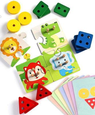 Intelliskills 18 Pcs Wooden Geometric Shape Sorter & Stacker Fun Learning Puzzle for Kids(Multicolor)