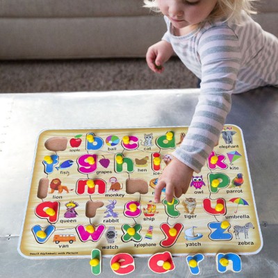 PopPlop Learning Educational Board Wooden Small Alphabets Puzzles with Pictures for Kids(Beige)