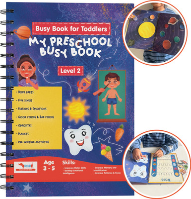 HOUSE OF COMMON Preschool Busy Book for Toddlers Level 2 with Body Parts Planets, Opposites(Blue)