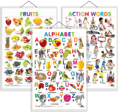 GO WOO Pack of 3 Alphabet, Fruits and Action Words Educational charts(Pink)