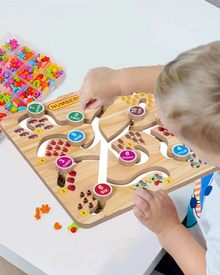 SHALAFI Educational Wooden Puzzle Board Maze Chase 1-10 Matching Practice Learning Toys(Beige, Multicolor)