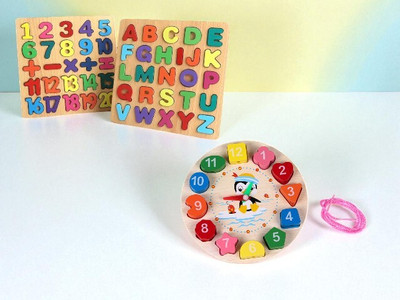 VHD Wooden Kids Learning Puzzle Board Combo with Numbers, Alphabets & Clock E11(Multicolor)