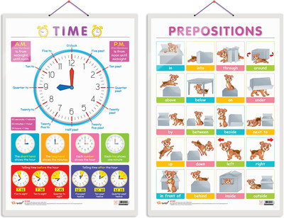 GO WOO Pack of 2 TIME and PREPOSITIONS Educational charts(Maroon)