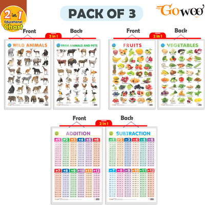 Gift Pack Of 3|2 IN 1 FRUITS AND VEGETABLES, 2 IN 1 WILD AND FARM ANIMALS & PETS And 2 IN 1 ADDITION AND SUBTRACTION | Wall Posters For Room Decor High Quality Paper Print With Hard Lamination (20 Inch X 30 Inch, Rolled)(Hardcover, Sahil)