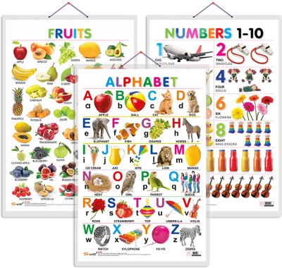 GO WOO Pack of 3 Alphabet, Fruits and Numbers 1-10 Educational charts(Red)