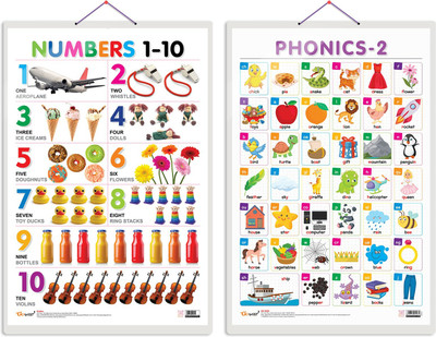 GO WOO Pack of 2 Numbers 1-10 and PHONICS - 2 Educational charts(Black)