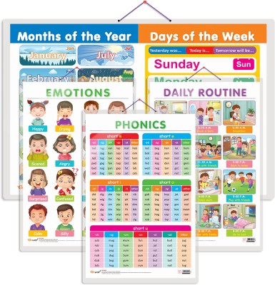 GO WOO Pack of 4 MONTHS OF THE YEAR,EMOTIONS, DAILY ROUTINE and PHONICS - 1 Charts(Grey)