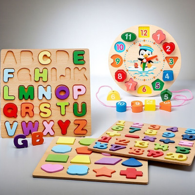 VHD Wooden Educational Puzzle Toy Set for Kids – Alphabet,Numbers,Shapes & Clock C10(Multicolor)
