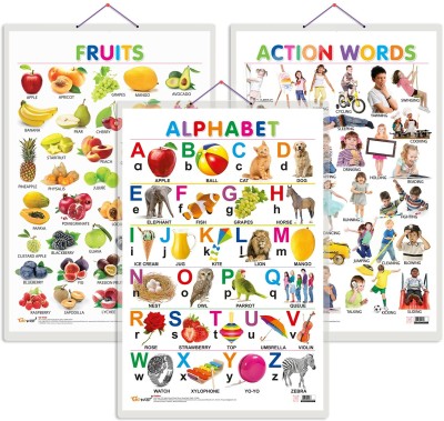 Gift Pack Of 3 Alphabet, Fruits And Action Words Charts | Wall Posters For Room Decor High Quality Paper Print With Hard Lamination (20 Inch X 30 Inch, Rolled)(Hardcover, Sahil)