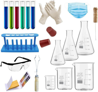 Spylx Pack of 20 Chemistry Kit Combo 3 Beakers, 3 Conical Flask, 6 Test Tube, 1 Mask(Multicolor)
