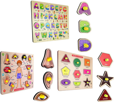 SHALAFI Combo Picture ABCD + Body Parts + Shape & Color Wooden Puzzle Learning Toy Board(Multicolor)