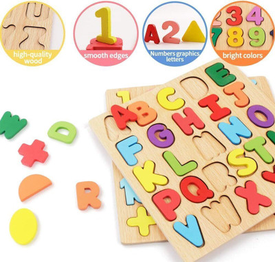 SPRSE Colorful Wooden Puzzle Set Featuring 3D Capital Alphabets, Numbers, and Shapes(Multicolor)