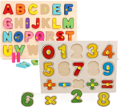 SHALAFI Pack Of 2 ABCD Alphabets Matching Puzzle Board and 0to9 Numbers Counting Puzzle(Beige, Multicolor)