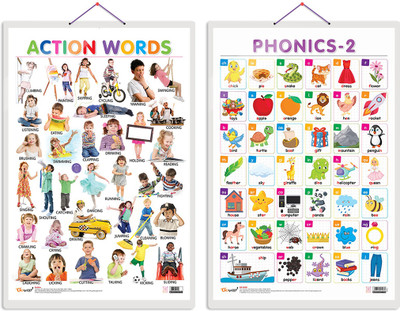 GO WOO Pack of 2 Action Words and PHONICS - 2 Educational charts(Silver)